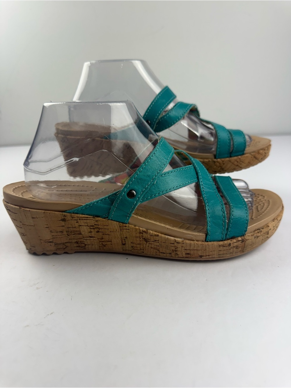Crocs Womens 9 A Leigh Strappy Cork Wedge Sandals Teal/Aqua